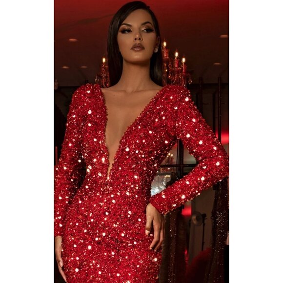 ALBINA DYLA RED EMBELLISHED LONG-SLEEVE DRESS WITH V-NECKLINE - Picture 2 of 4